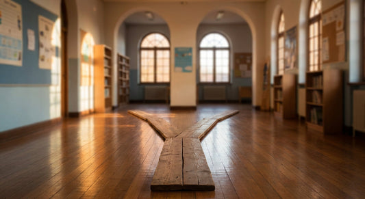A bright school corridor with a forked pathway leading in two directions, bathed in warm natural light, symbolizing a career choice in education.